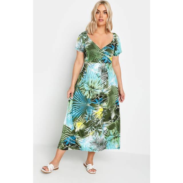 Yours Curve Blue & Green Tropical Leaf Print Maxi Dress, Women's Curve & Plus Size, Yours - 18