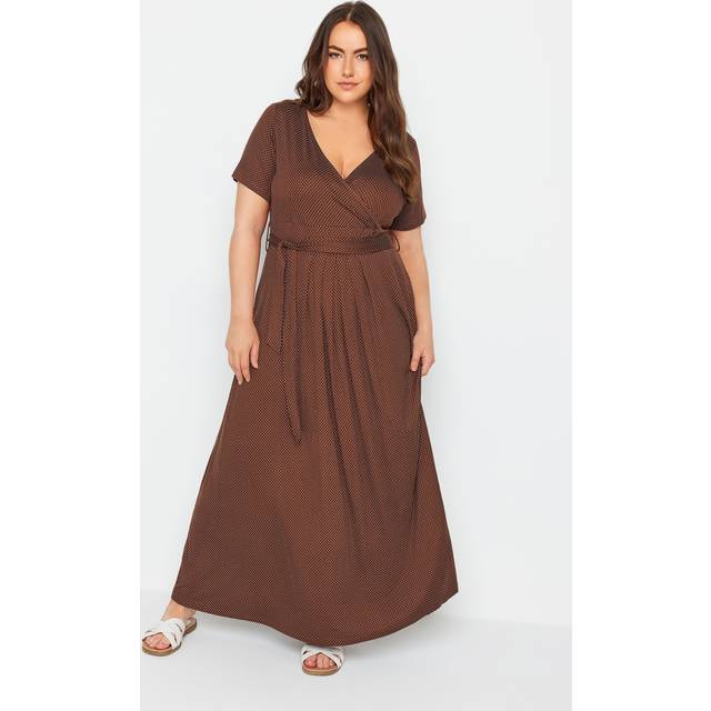 Yours Curve Brown Dot Print Maxi Wrap Dress, Women's Curve & Plus Size, Yours - 18