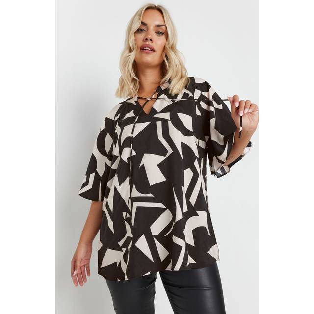 Yours Curve Black Abstract Print Tie Neck Blouse, Women's Curve & Plus Size, Yours - 14