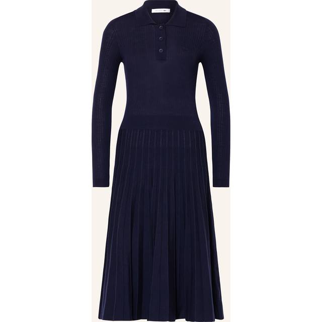 Wool Midi Dress with Shirt Collar - Navy Blue - 12