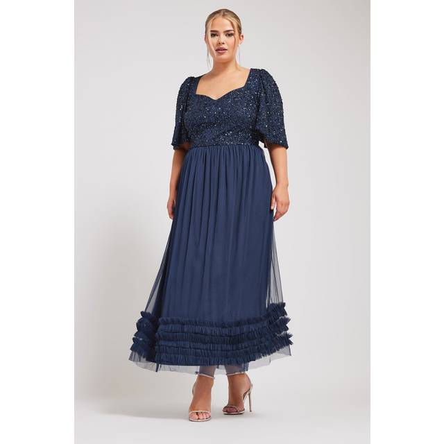 Luxe Curve Navy Blue Sequin Sweetheart Ruffle Maxi Dress, Women's Curve & Plus Size, Luxe: Ultimate Embellishment - 14