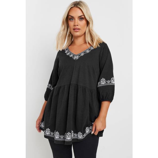 Yours Curve Black Embroidered Floral Smock Top, Women's Curve & Plus Size, Yours - 20