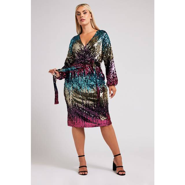 Yours London Curve Pink & Gold Ombre Sequin Wrap Dress, Women's Curve & Plus Size, Yours London - 24