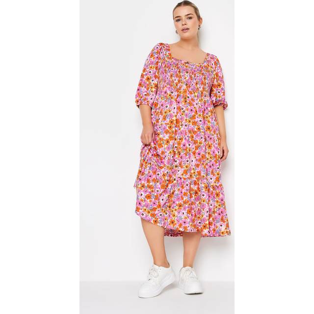 Yours Curve Pink Floral Print Tiered Midi Dress, Women's Curve & Plus Size, Yours - 34-36