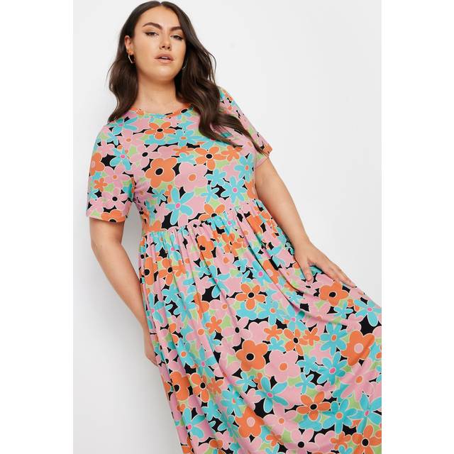 Yours Curve Orange & Blue Retro Floral Print Smock Midi Dress, Women's Curve & Plus Size, Yours - 34-36