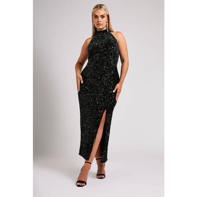 Yours London Curve Black Velvet Sequin Halterneck Maxi Dress, Women's Curve & Plus Size, Yours London - 26-28
