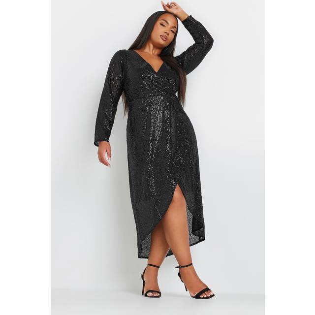 Yours Curve Black Sequin Embellished Wrap Dress, Women's Curve & Plus Size, Yours - 38-40