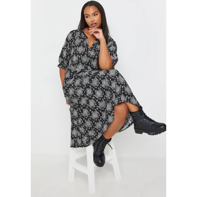 Yours Curve Black Tile Print Tiered Midi Dress, Women's Curve & Plus Size, Yours - 20