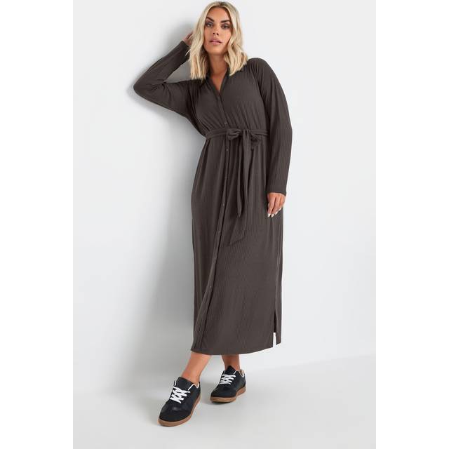 Yours Curve Chocolate Brown Button Front Ribbed Tie Waist Midi Dress, Women's Curve & Plus Size, Yours - 30-32