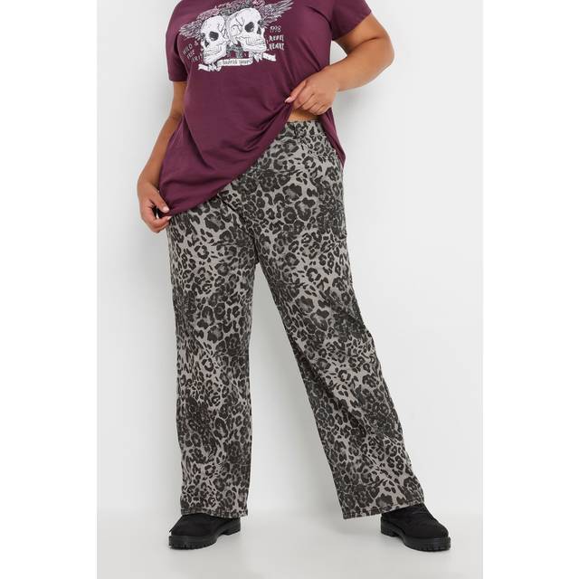 Limited Collection Curve Grey Leopard Print Wide Leg Jeans, Women's Curve & Plus Size, Limited Collection - 14