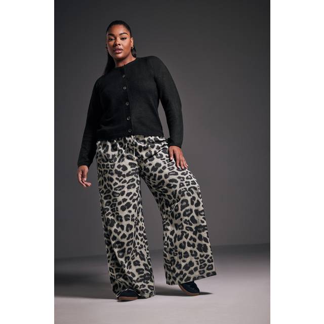 Yours Curve Grey Leopard Print Wide Leg Trousers, Women's Curve & Plus Size, Yours - 16