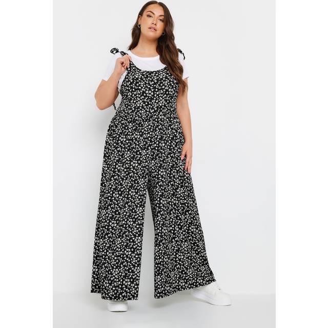Yours Curve Black Floral Print Textured Wide Leg Jumpsuit, Women's Curve & Plus Size, Yours - 22-24