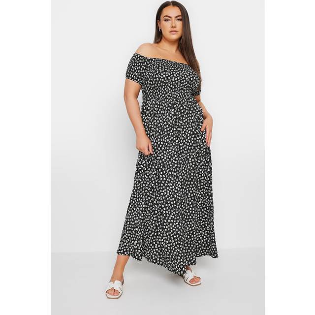 Yours Curve Black Floral Print Bardot Midaxi Dress, Women's Curve & Plus Size, Yours - 20