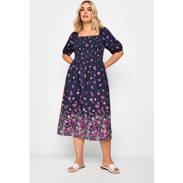 Yours Curve Navy Blue Floral Border Print Shirred Midi Dress, Women's Curve & Plus Size, Yours - 18