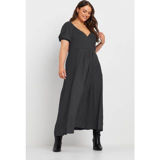 Yours Curve Black Polka Dot Print Wrap Dress, Women's Curve & Plus Size, Yours - 16