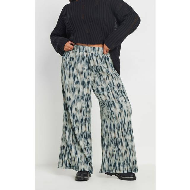 Yours Curve Light Blue Abstract Print Wide Leg Trousers, Women's Curve & Plus Size, Yours - 22-24