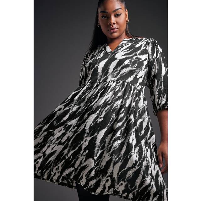 Yours Curve Black Abstract Print Textured Smock Dress, Women's Curve & Plus Size, Yours - 16