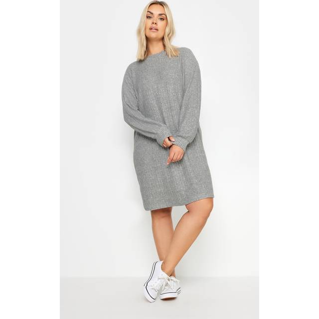 Yours Curve Light Grey Soft Touch Ribbed Jumper Dress, Women's Curve & Plus Size, Yours - 16