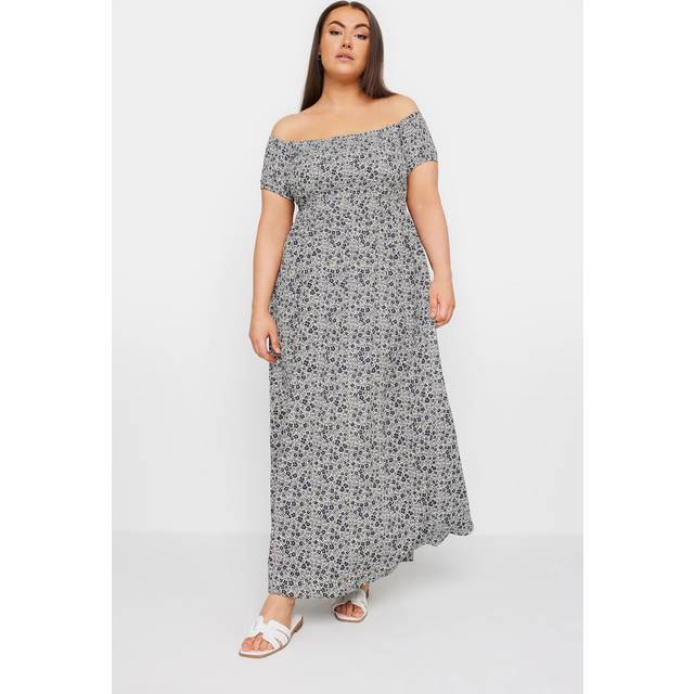 Yours Curve Grey Floral Print Bardot Midaxi Dress, Women's Curve & Plus Size, Yours - 20