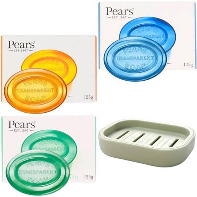 Soap Bar Bundle with 3x Pure & Gentle Pears Soap 125g (Natural Oil, Lemon Flower Extract, Mint Extract) Transparent Soap and 1x Glameno Soap Bar