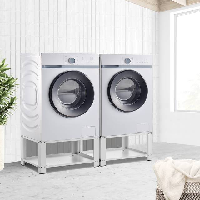 [en.casa] Tvättmaskinsunderrede Cremlingen med 2 hyllor tvättmaskinsbas 2-vägs 2 x 150 kg dubbelunderrede dubbelpodium höjning stål vit
