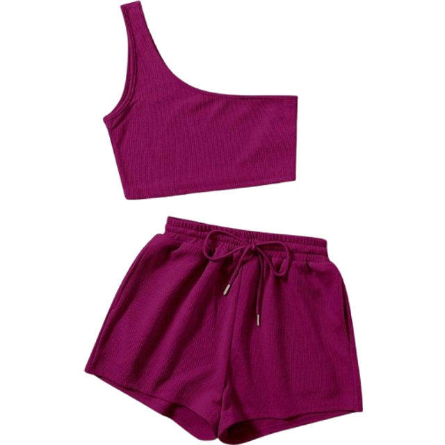 Dragsko Ficka Rib-Knit Enkel Enkel Tvådelad Outfit - Rödviolett (L,M,S,XL,XS,XXL,XXS)