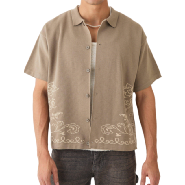 Boxy Jacquard Knit Abstract Detail Shirt In Taupe - Beige - M