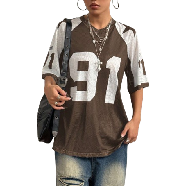 StreetHx Patchwork Solid Color & Number Print Mesh Splice Loose Sports T-Shirt, Spring&Summer Graphic Tees Women Tops