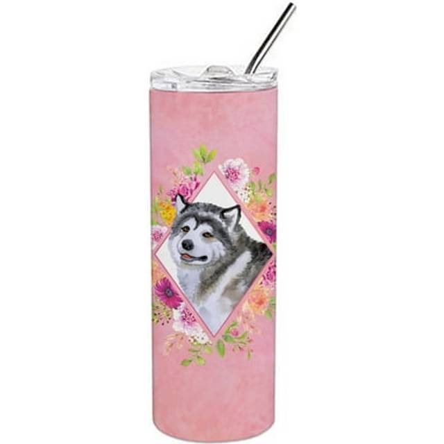 Caroline's Treasures Alaskan Malamute Pink Flowers Double Walled Stainless Steel 20 oz Skinny travel-insulated-tumblers  Multicolor