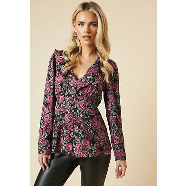 Womens Petite Pink Floral Ruffle Neck Long Sleeve Button Front Tea Blouse - 6