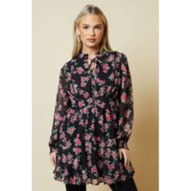 Womens Petite Pink Rose Chiffon Lace Insert Long Sleeve Mini Dress - Floral - 6