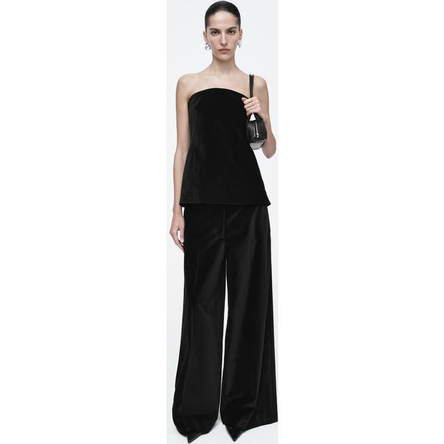Relaxed Velvet Wide-Leg Trousers - Black - 34