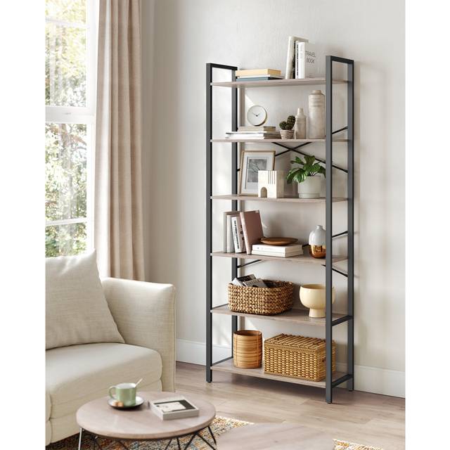 Rio 6 Tier Bookcase With Steel Frame, Free Standing Shelf, Living Room, Bedroom, Office, 30 X 80 X 186 Cm, Industrial Design, Black Ink Greige/Black 186cm H X 80cm W X 30cm D