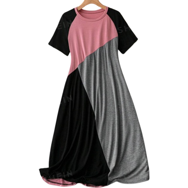 Plus Size Color Block Patchwork Shift-klänning med raglanärmar, sommar - Multifärgad (0XL,1XL,2XL,3XL,4XL,5XL)