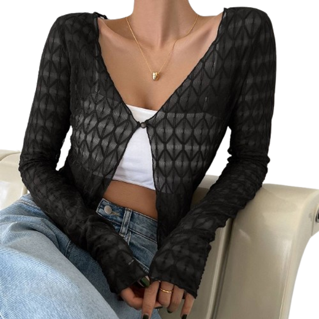 Solid Button Front Crop Top utan Cami Top Sheer - Svart (L,M,S,XL,XS)