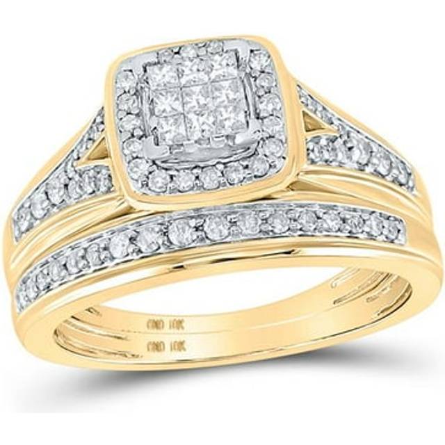 GND 112580 0.75 CTW 10KT Yellow Gold His Hers Princess Diamond Cluster Matching Bridal Wedding Ring Band Set, Size 7