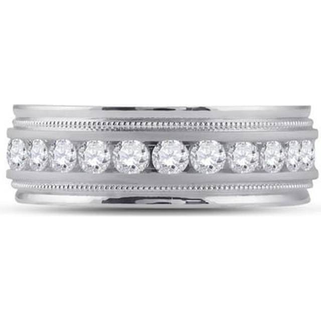 GND 85834 1.00 CTW 10KT White Gold Mens Round Diamond Wedding Milgrain Channel Set Band Ring, Size 10