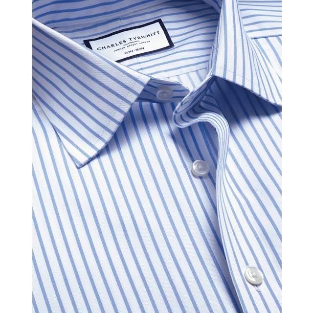 Men's Non-Iron Twill Stripe Cotton Formal Shirt - Cornflower Blue Single Cuff, Large by Charles Tyrwhitt (Large)