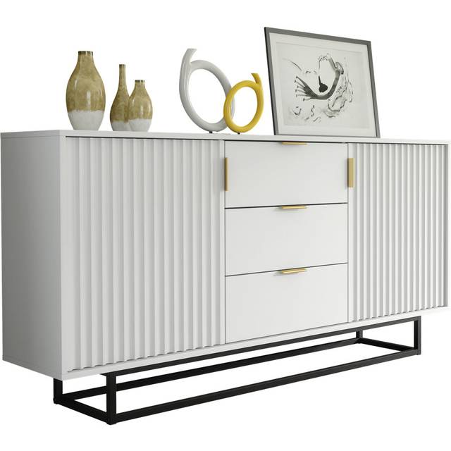 140cm Loft Retro Sideboard - White Cabinet With Milled Fronts & Tv Unit Cupboard (31.5cm H X 55.12cm W X 13.7cm D)