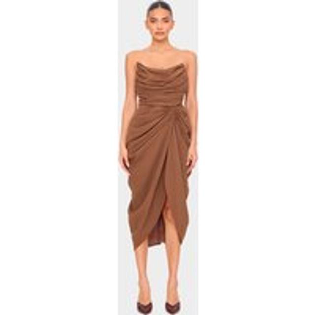 Chocolate Chiffon Corset Bandeau Draped Midi Dress, Chocolate - 8