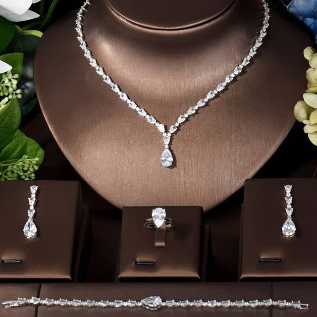 TEMU Luxury Aaa Zirconia Material Water Drop Shape Women' Matching Middle Eastern Bride Jewelry Set