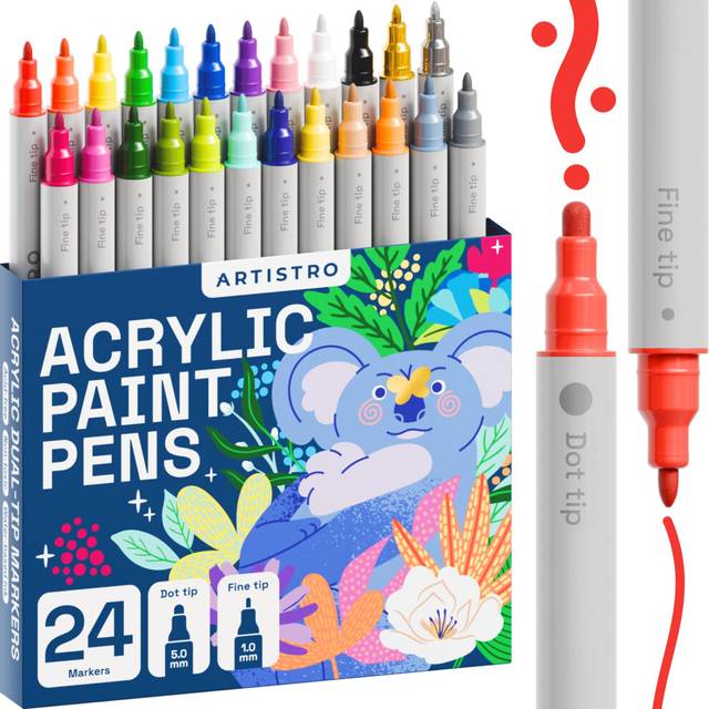 24 Colors Acrylic Paint Pens, Art set Acrylic Paint Markers Dual Tip (Fine 1mm + Dot 5mm), Acrylic Markers for Fabric, Canvas, Rock, Glass, Wood,