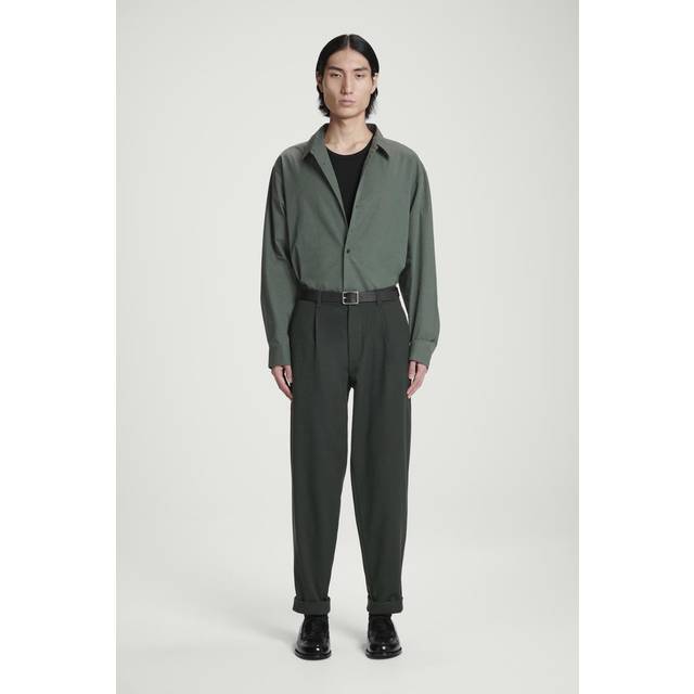 Pleated Wool Tapered Trousers in Green - 48