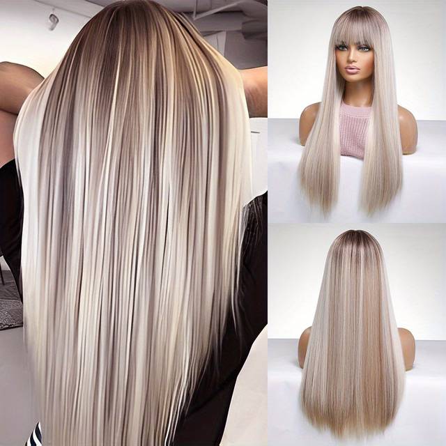 TEMU Synthetic Wig Wig 100% Density Long Straight Matte Grey Black Wig With Bangs For Women Beginners Friendly