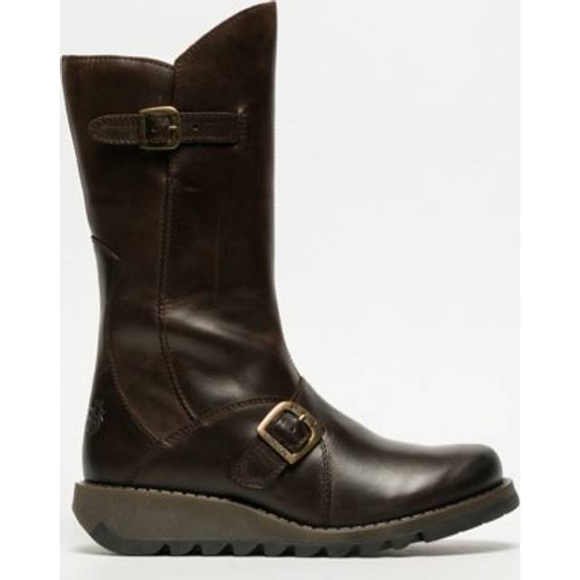 Fly London Womens Brown MES 2 Wedge Heel Buckle Mid-Calf Leather Zip Platform Boots - Size UK 6