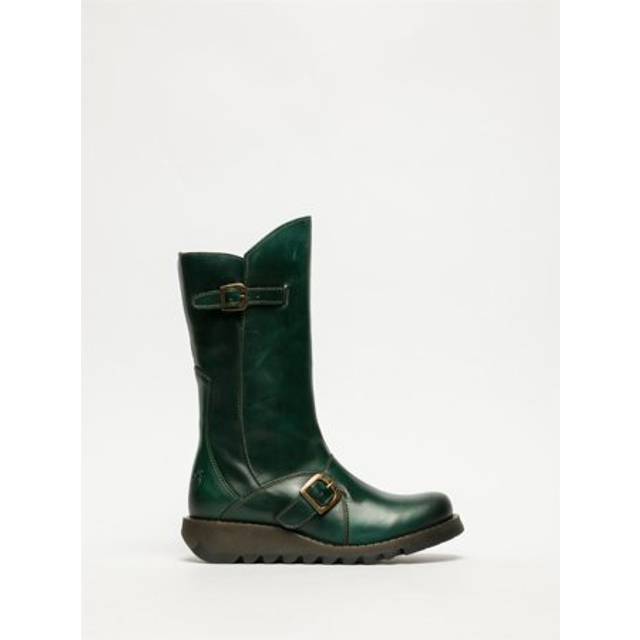 Fly London Womens Green MES 2 Wedge Heel Buckle Mid-Calf Leather Zip Platform Boots - Dark Green - Size UK 6