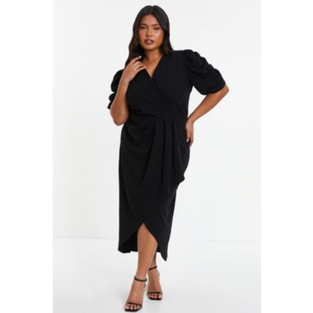 Womens Black Curve Wrap Midi Dress - 26
