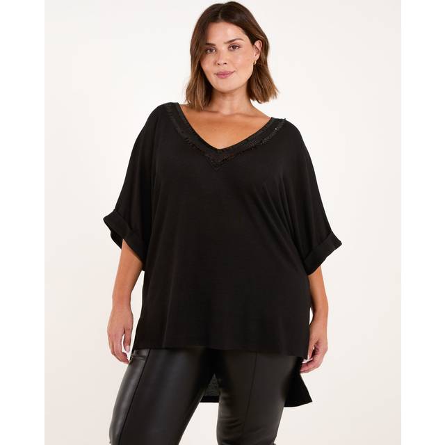 Womens Curve Batwing Top With Sequin Neck Trim - Black - One Size