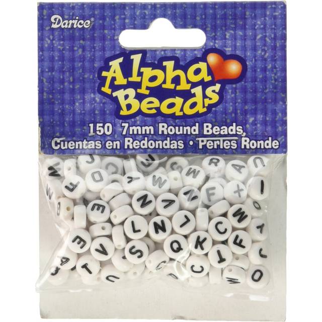 Darice Plastic Alphabet Beads 7mm Round 70 grams (about 150 beads) White w/ Black Letters