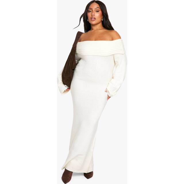 Womens Plus Premium Oversized Rib Bardot Neckline Soft Knit Jumper Dress - Cream - 20, Cream
